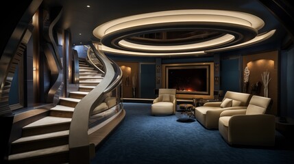 Underground home theater enclave with curved stadium seating starry ceilings and custom entranceway.