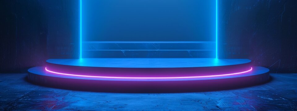Neon podium background blue light 3D platform product stage dark. Neon pedestal podium background glow scene room circle led stand round display studio game show floor empty effect ring line purple.