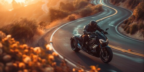 Motorcyclist speeds on a picturesque road