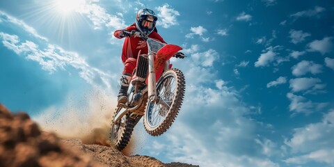 Dirt biker jumps creating dust trail