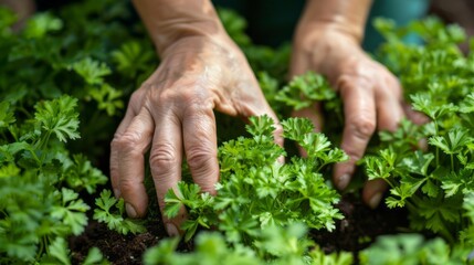 Naklejka na ściany i meble Women's hands care for parsley seedlings in a greenhouse. Growing organic greens for sale in eco stores.