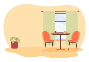 Cafe interior design. Table with coffee and dessert and chairs near window with curtains. Vector illustration.  Lunch time, out-of-home eatiing concept