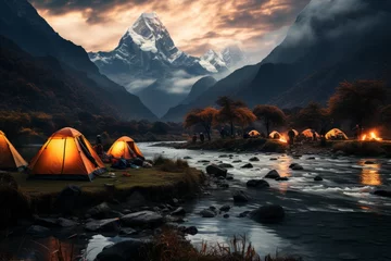 Poster Serene mountain camping at the foot of majestic snow-covered peaks for a tranquil nature retreat © vetrana