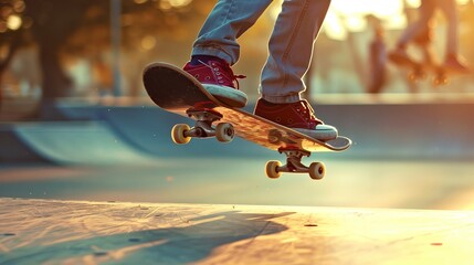 a person jumping a skate board in the air at a skate park at sunset - obrazy, fototapety, plakaty