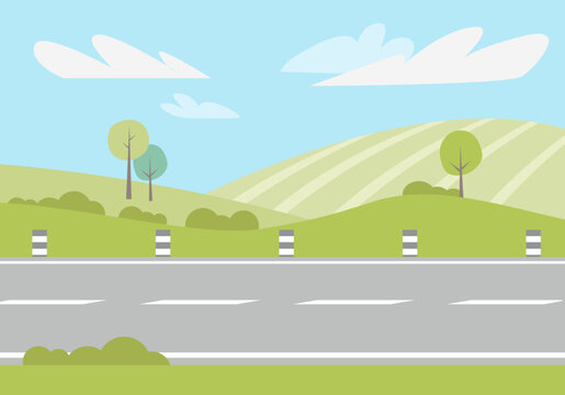 Straight asphalted road through countryside. Vector illustration. Green hill with trees and bushes, blue sky on background. Summer landscape concept.