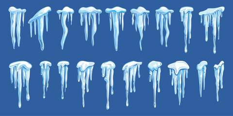 Icicles cartoon elements. Winter icicle, frozen water with snow caps. Ice seasonal nature icons, decorative vector collection