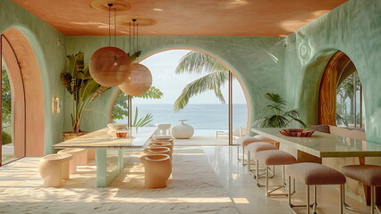 beach cafe with sea view, pastel colored ambiance with generative ai