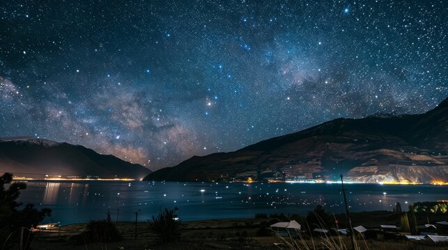 beautiful night full of stars with a large lake and mountains in high resolution and quality