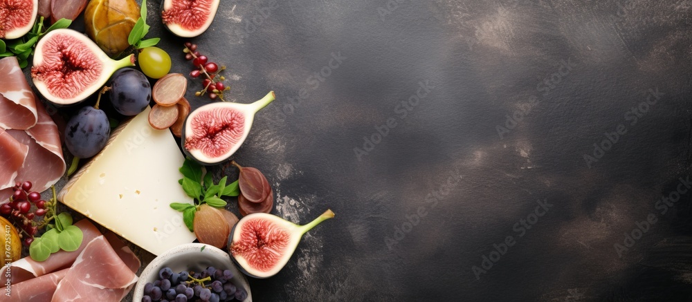 Poster a colorful array of fruits and vegetables beautifully displayed on a table with a sleek black backgr