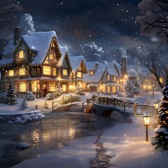 Fototapeta na wymiar Winter night in the village. Christmas and New Year background. Digital painting.
