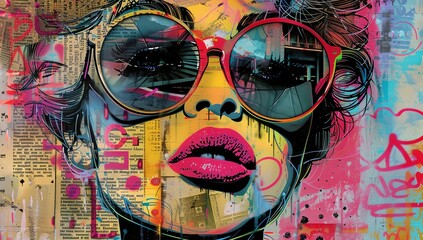 a painting of a woman with sunglasses - obrazy, fototapety, plakaty