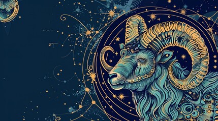 a ram with horns and stars - obrazy, fototapety, plakaty