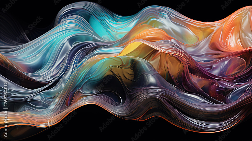 Poster vibrant abstract waveform with fluid motion and colorful gradients.