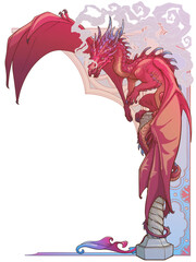 A cartoon illustration of a red dragon sitting on a pedestal, featuring bold graphics and magenta accents. The drawing depicts a fictional character in a vibrant artistic style. Decorative frame. 