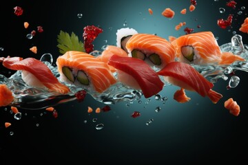 Delicious sushi pieces falling onto a vibrant solid color background, japanese cuisine concept