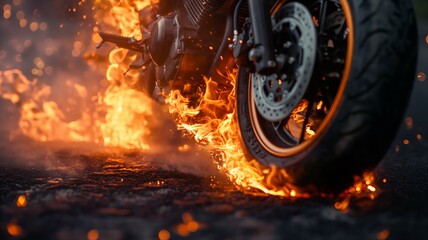 Flaming motorcycle wheel in a close-up shot