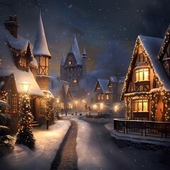 Fototapeta na wymiar Winter night in the village. Illustration. Digital painting. Christmas.