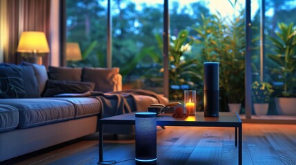A smart home system with a voice assistant, living room, modern interior design, sofa and coffee table in the center of the frame, in the style of black plastic art, warm lighting, grey walls, a singl - obrazy, fototapety, plakaty