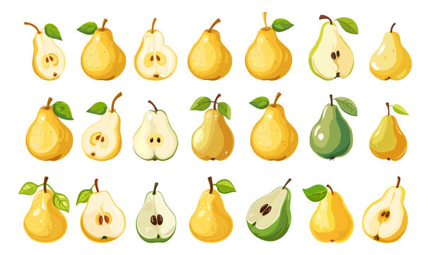 Pears set. Isolated cartoon pear, yellow and green fruits. Fresh food, seasonal agriculture market. Harvest products, vegan vitamin vector elements