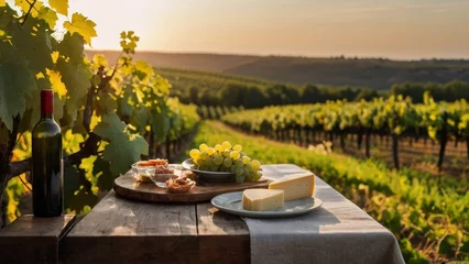 Fotobehang Idyllic Vineyard Setting with Wine and Cheese © jechm