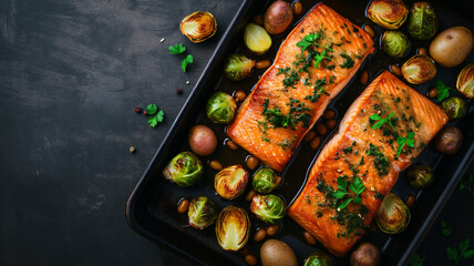 Roasted salmon fillets with vegetables - obrazy, fototapety, plakaty