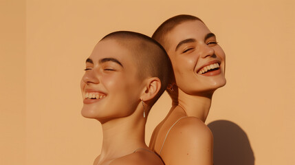 Two bald girls in bright make-up on beage background - obrazy, fototapety, plakaty