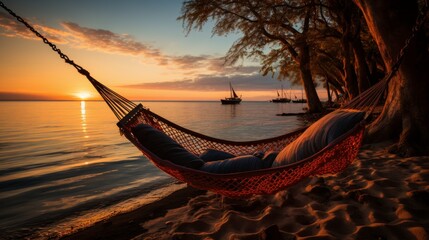 Relaxing tropical island vacation. hammock between palm trees by the turquoise sea