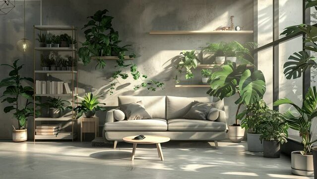 modern living room with sofa, stylish living room interior with comfortable grey sofa and green plants