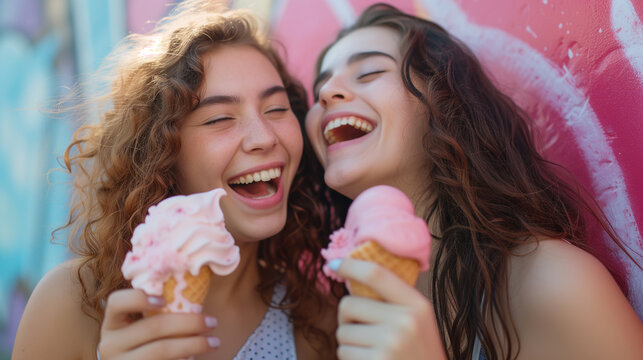 Two girls on a walk. Girlfriends go ice cream.