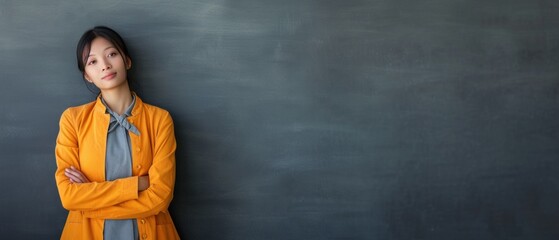 Thoughtful young woman posing in front of a chalkboard background, hand on chin, looking at the camera