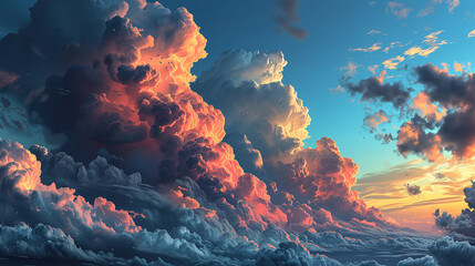 Real majestic sunrise sundown sky background with gentle colorful clouds, Panoramic - obrazy, fototapety, plakaty