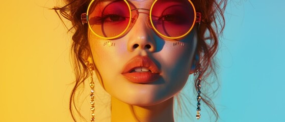 Stylish woman with sunglasses in vibrant neon light