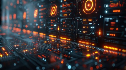 Obraz premium Futuristic server room with glowing neon lights and advanced digital hardware, representing high-tech data center.