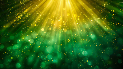 Asymmetric green light, abstract beautiful light rays on dark green blurry background with shades of green and yellow. Golden-green sparkling background with bokeh and space for text. Copy space.