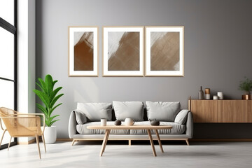  Mockup poster on the wall of living room. Empty frame mock up. Modern Japandi interior design