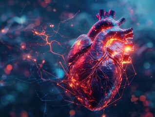 An artistic rendering of a broken heart suspended in a holographic field, digital threads weaving it back together, blending human emotion with futuristic healing technology , high detail