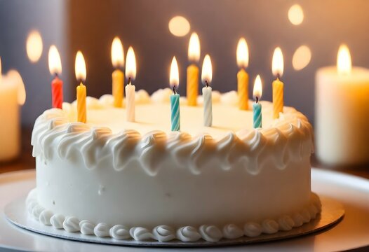 A close-up of a pristine white birthday cake, perfectly frosted and elegantly decorated, with a row of bright, flickering candles casting a warm glow.