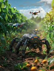 Robot farmers tending to crops with precision, drones buzzing overhead, a symphony of agricultural technology , close-up