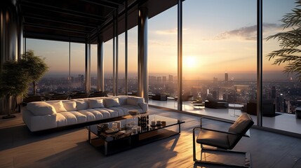 Urban high-rise penthouse apartment with panoramic city views.