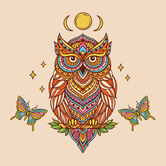 Owl mandala retro with butterfly. Vector illustration. Flower Ethnic drawing. Owl bird animal nature in Zen boho style. Coloring page, hippie, eastern style - 767255600