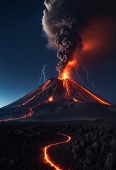 Strong volcanic eruption at night, - obrazy, fototapety, plakaty