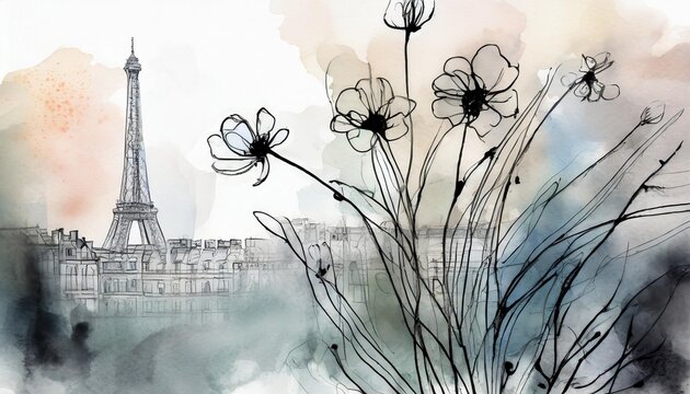 watercolor thin black outline flowers in the foreground against a faded misty background of paris