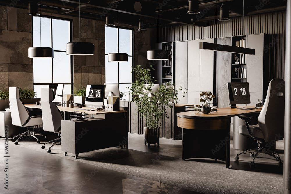 Poster 3d render of empty modern office with computers and furniture