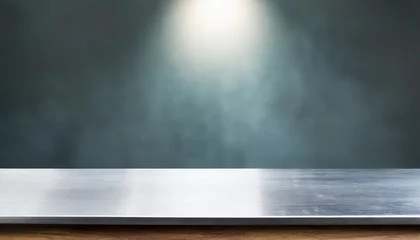 Foto op Plexiglas silver steel countertop empty shelf kitchen counter on gray background with spot light bar desk surface in foreground © Heaven