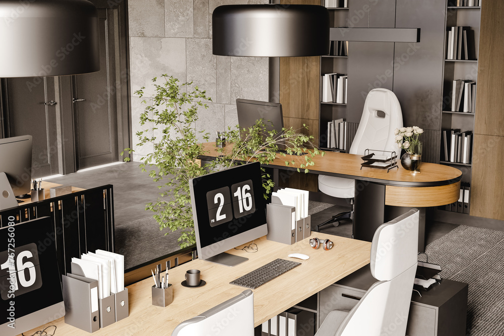 Poster 3d render of empty modern office with computers and furniture