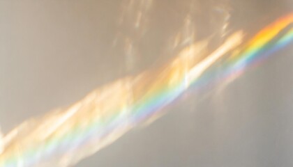 crystal prism rainbow light refraction texture on white wall background organic drop diagonal holographic flare on a white wall water shadows for natural light overlay effects - obrazy, fototapety, plakaty