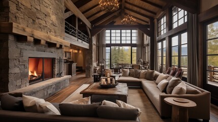 Warm and rustic ski chalet living room with towering stone fireplace and reclaimed wood ceilings.