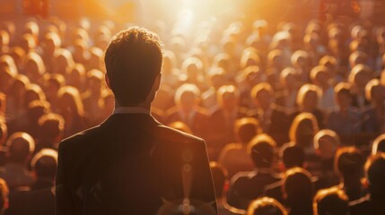 A man standing in front of a crowd at a conference. 