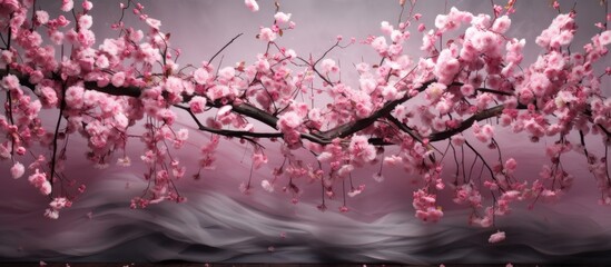 An artistic portrayal of a cherry blossom tree with pink petals blooming on its branches. The natural landscape features a beautiful blend of magenta hues in this stunning piece of art