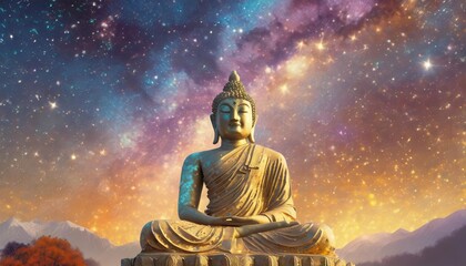 buddha statue with colorful universe space background